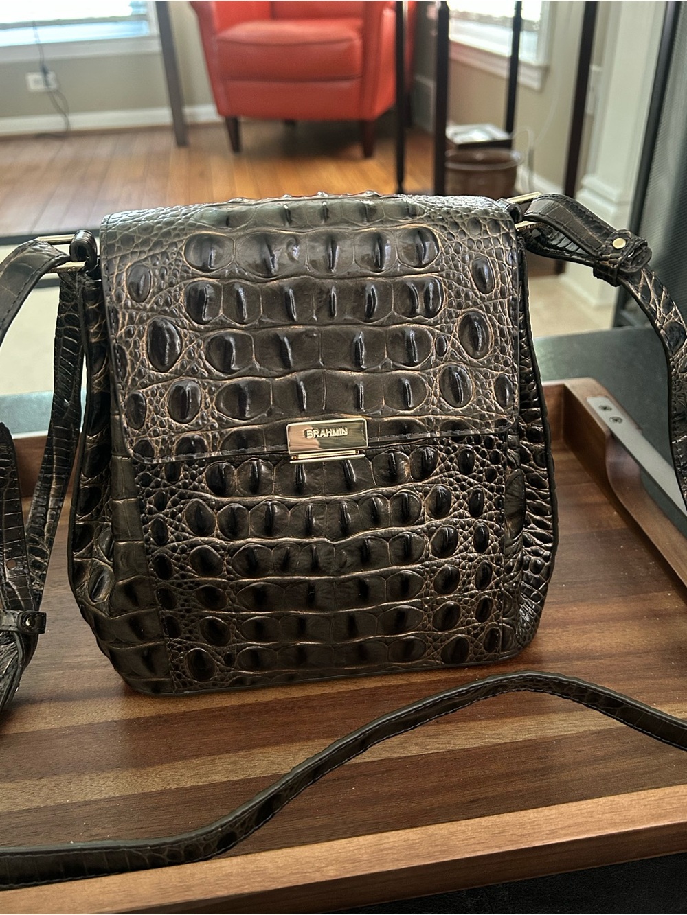 Brahmin Margo Brownish black leather crocodile crossbody bag. NWOT.
